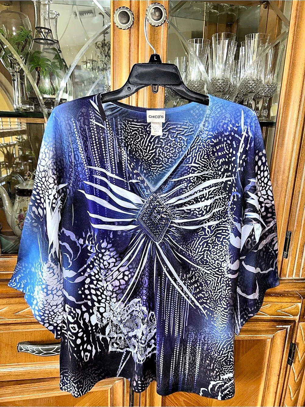 Chico's Abstract Print Tunic Blue Size 2 Like New